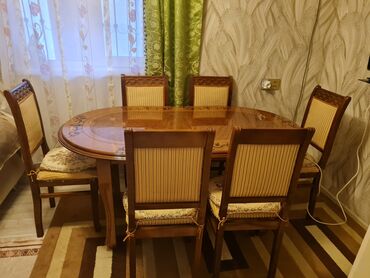 stol taxta: Qonaq otağı üçün, İşlənmiş, Açılan, Oval masa, 6 stul, Türkiyə