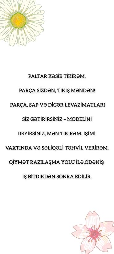 Paltar tikişi: Siz materialı gətirin, mən zövqlə tikim! Hər cür qadın geyimlərini