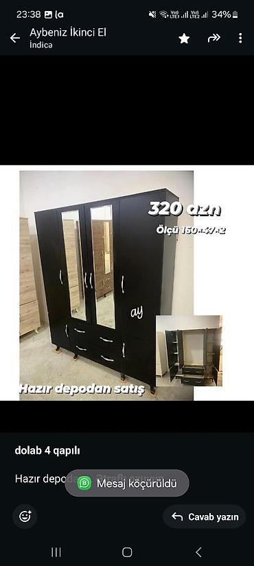 dolab satilir: *dolab 4 qapılı* Hazır depodan bir başa satış ✔️ *Ölçü 160×47×2* *18 — 1