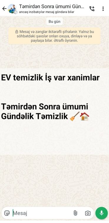 Xadimələr, təmizlikçilər: Xadimə tələb olunur, İstənilən yaş, 6 ildən artıq təcrübə, 6/1, İşəmuzd ödəniş