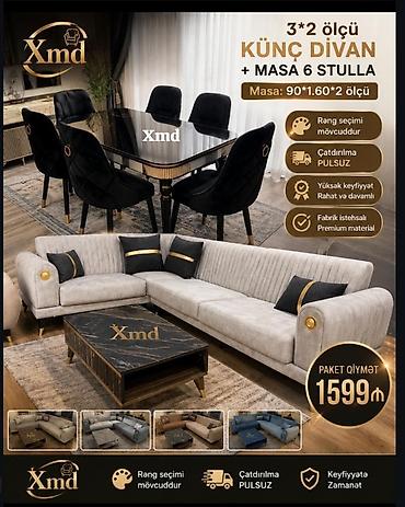Divan və masa dəstləri: Künc divan + masa və 6 stul dəsti - Divan: 3x2 ölçü, premium — 1