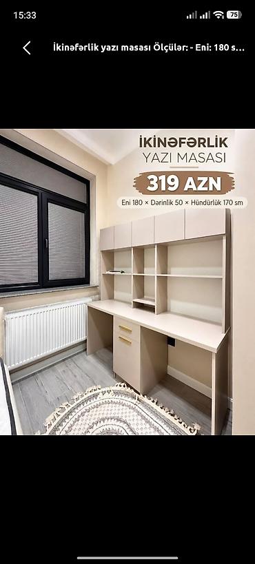 İkinəfərlik yazı masası Ölçülər: - En: 180 sm - Dərinlik: 50 sm -