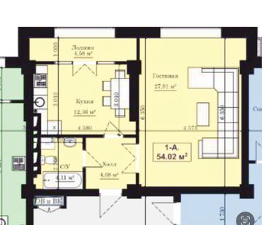 1ком квартира бишкеке: 1 комната, 54 м², Элитка, 12 этаж, ПСО (под самоотделку)