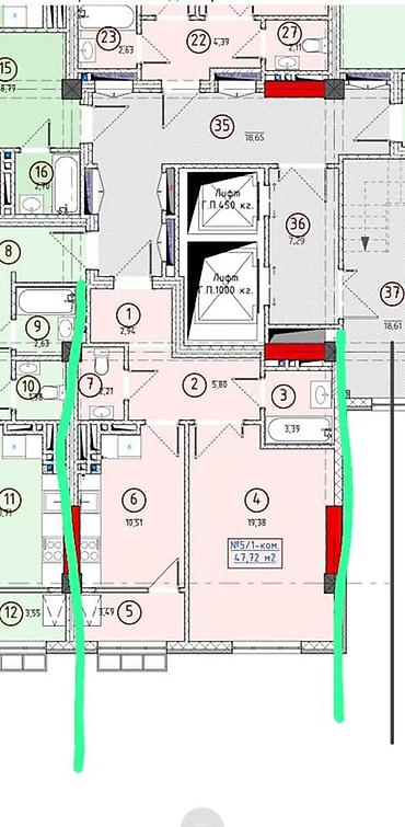 квартира аврора: 1 комната, 47 м², ул. Алматинка / Чуй Элитка, 11 этаж, ПСО (под самоотделку) — 2