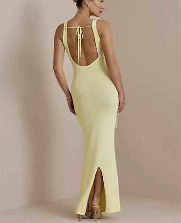 ziyafet donu s: Sarı rəngli zərif trikotaj maxi don - Model: bədənə oturan, torlu — 3