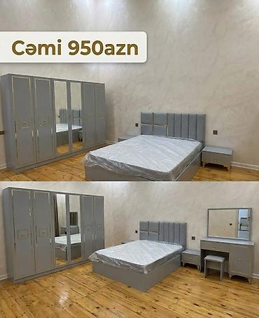 Yataq otağı mebel dəsti – zərif boz rəngdə, qızılı dekor xətləri ilə