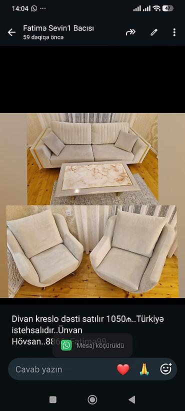 Divan kreslo dəsti satılır 1050₼. Türkiyə istehsalıdır. Ünvan