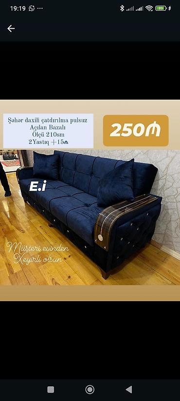 Divanlar: Açılan bazalı divan – tünd mavi rəngdə, yumşaq məxməri parça ilə — 1