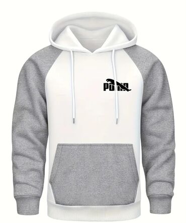 tek qas: Ağ və boz rənglərin kombinində kapüşonlu svitşot. Ön hissədə qara