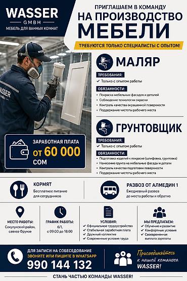 техник: Маляр по мебели и грунтовщик Обязанности: Покраска мебельных фасадов — 1