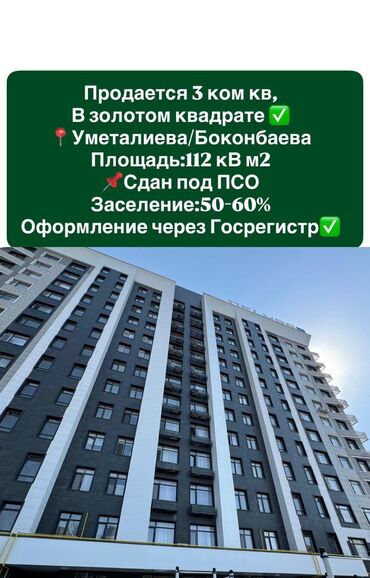 недостроенные дома в бишкеке: 3 комнаты, 112 м², Элитка, 13 этаж, ПСО (под самоотделку)