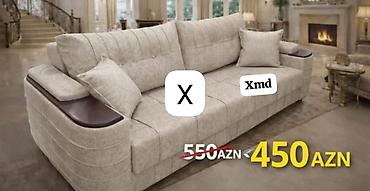 Bej rəngli, geniş 3 nəfərlik divan: - Yumşaq, toxumalı parça üzlük -
