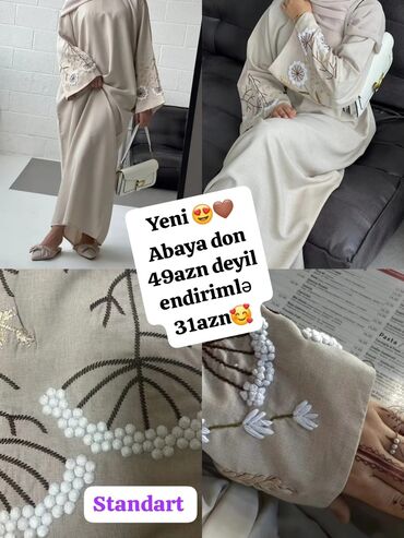Digər qadın geyimləri: Bej rəngdə, qolları naxışlı abaya donu. Rahat kəsimi ilə sərbəst