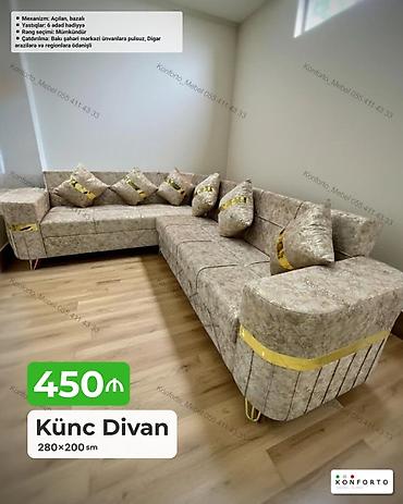 Divanlar: Künc divan – 280×200 sm - Mexanizm: açılan, bazalı (yataq funksiyalı — 1