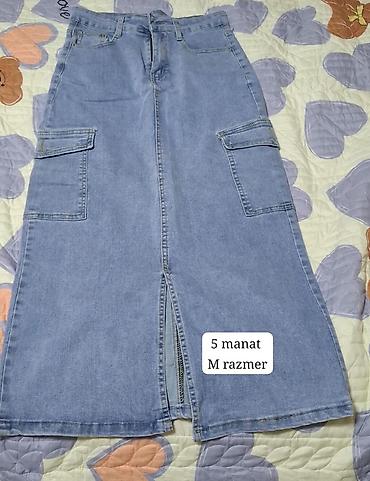 Ətəklər: Qadın geyimləri dəsti 1) Cins ətək - Rəng: açıq mavi - Model: uzun — 1