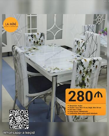 gul dibcek: Mətbəx üçün, Açılan, Dördbucaq masa, 4 stul