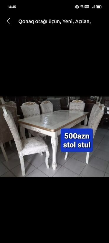 Masa və oturacaq dəstləri: Qonaq otağı üçün, Yeni, Açılan, Dördbucaq masa, 6 stul — 5