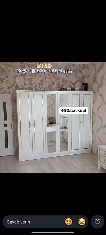 mebeller qiymetleri: Ağ rəngli, qızılı detallı 6 qapılı dolab. Orta hissədə 2 ədəd tam boy — 1