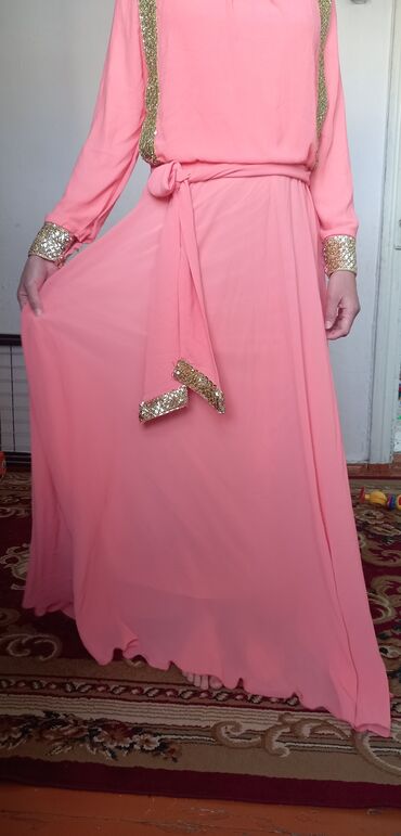 розовое платье с: Вечернее платье, Длинная модель, Шифон, С рукавами, 2XL (EU 44)