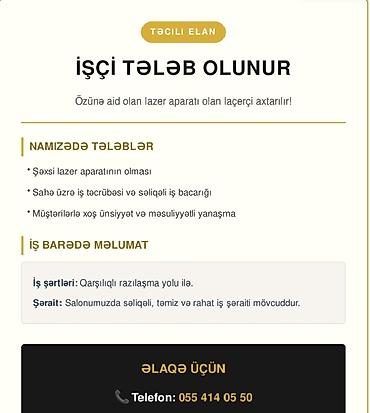 Təcili elan: Lazer epilyasiya üzrə mütəxəssis axtarılır Tələblər: - lalafo.az -da Təcili elan: Lazer epilyasiya üzrə mütəxəssis axtarılır Tələblər: -