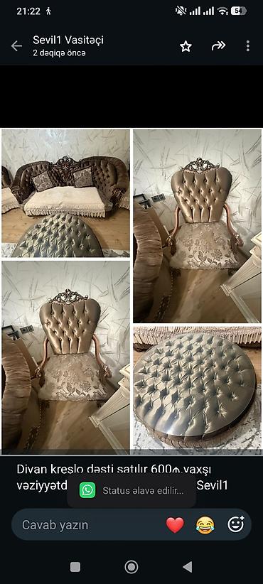 Divan kreslo dəsti satılır 600₼.yaxşı vəziyyətdə.Ünvan Masazır. 6575 lalafo.az -da Divan kreslo dəsti satılır 600₼.yaxşı vəziyyətdə.Ünvan Masazır. 6575