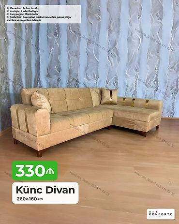 Диваны: Künc divan – 260×160 sm - Mexanizm: açılan, bazalı (yataq funksiyalı — 1