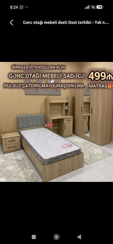 usag ucun manej: Gənc otağı mebeli dəsti Dəst tərkibi: - Tək nəfərlik çarpayı — 1