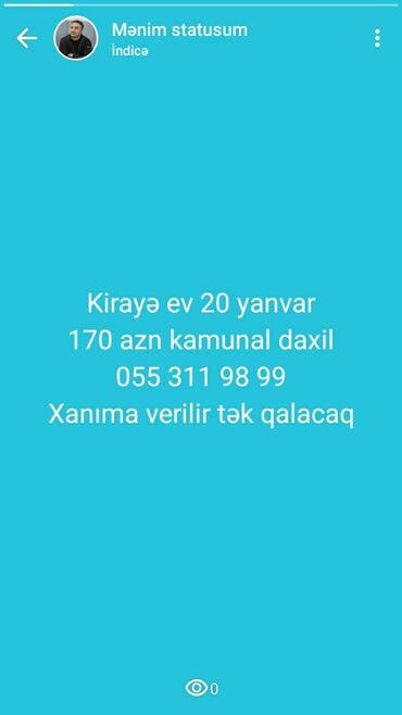 Uzunmüddətli kirayə mənzillər: 20 Yanvar metrosu yaxınlığında kirayə ev. Kommunal xərclər qiymətə