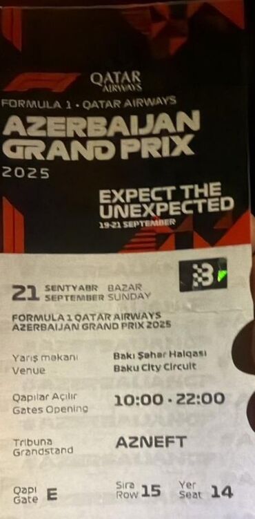 qapi ucun setkalar: Məhsul: Formula 1 Qatar Airways Azerbaijan Grand Prix 2025 biletləri