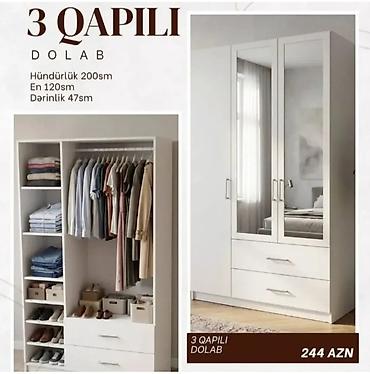 Dolablar: 3 qapılı dolab Ölçülər: - Hündürlük: 200 sm - En: 120 sm - Dərinlik — 1