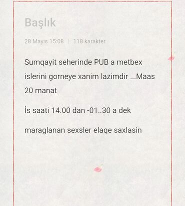 Xadimələr, təmizlikçilər: Xadimə tələb olunur, Gündəlik ödəniş, İstənilən yaş, Təcrübəsiz