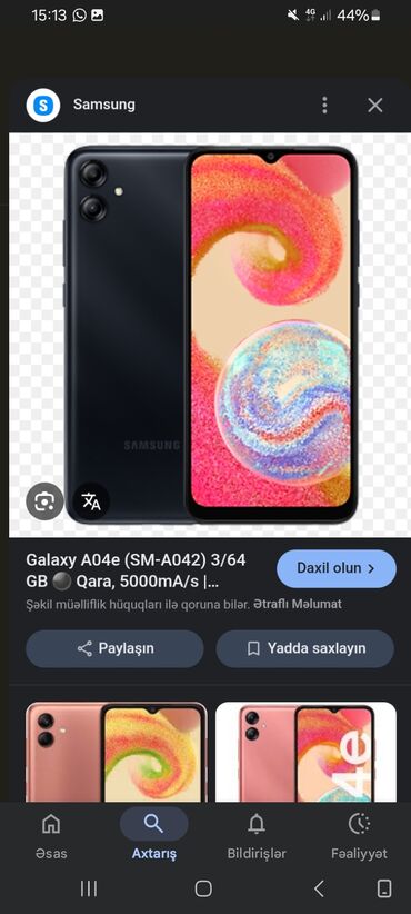 işlənmiş nodbuklar: Samsung Galaxy A04e, 64 ГБ, цвет - Черный, Сенсорный, Две SIM карты