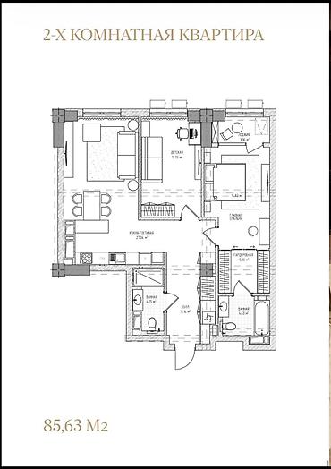 brk group: 2 комнаты, 86 м², Асанбай мкр Элитка, 4 этаж, ПСО (под самоотделку) — 3