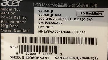 komputer ucun ekran sekilleri yukle: Acer V206HQL Abd 19.5” LED Monitor satılır. 1600×900 çözünürlük, 60 — 3