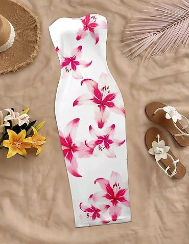 şlyapa: Ağ əsaslı, çiyin və qolsuz strapless bodycon midi don. Üzərində iri — 1