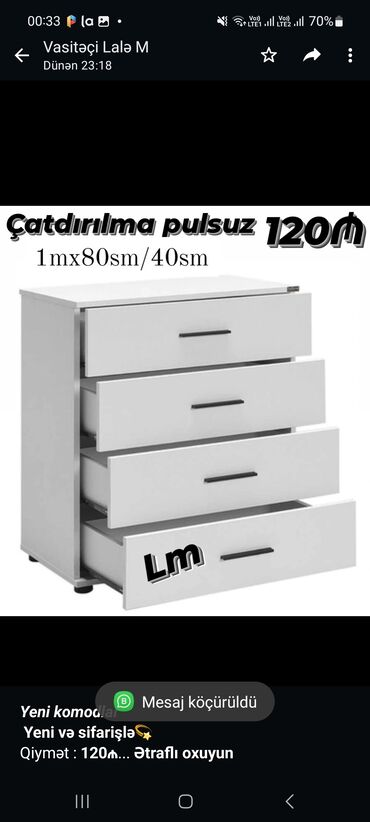 tek divanlarin qiymeti: _*Yeni komodlar*_ *Yeni və sifarişlə💫* Qiymət : *120₼* Ölçü: hün