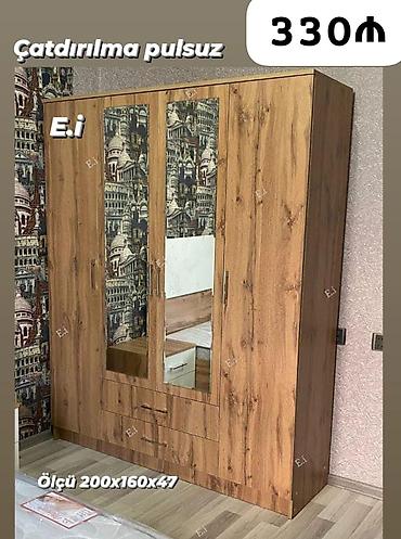 Şkaf – 4 qapılı, aynalı, taxta teksturalı dizayn. • Ölçü: 200×160×47