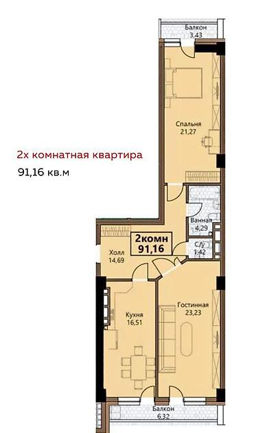 elif: 2 комнаты, 91 м², Элитка, 13 этаж, ПСО (под самоотделку) — 2