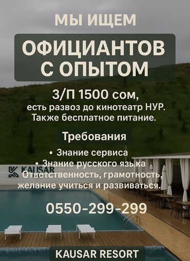 ишу работу водитель: Талап кылынат Официант 1-2-жылдык тажрыйба, Төлөм Бир айда эки жолу