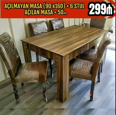 Masalar: Qonaq otağı üçün, Yeni, Açılmayan, Dördbucaq masa, 6 stul, Azərbaycan