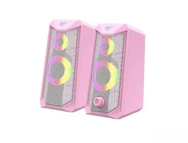 Zvučnici, slušalice i mikrofoni: Pink desktop zvučnici sa RGB osvetljenjem - Kompaktni set od 2 žična — 1