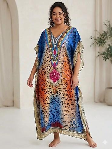 pull: Duga kaftan haljina sa V-izrezom, u više živopisnih varijanti boja — 2