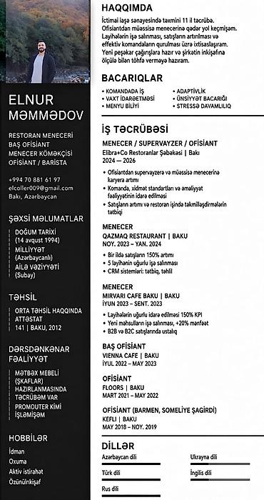 reception part time: Ofisiant, Kişi, 32 yaş, 5 ildən artıq təcrübə — 1