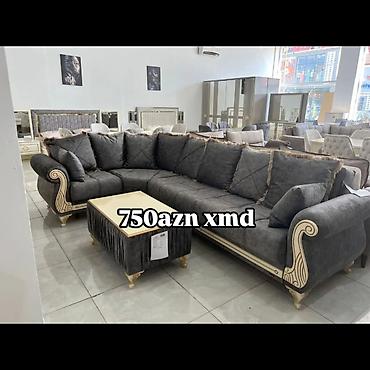 Künc divan dəsti – klassik dekorativ elementlərlə - Rəng: tünd boz