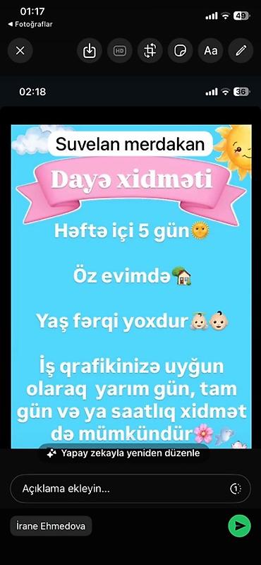 daye xirdalan: Daya xidməti – Suvelan/Mərdəkan - Həftə içi 5 gün - Xidmət öz evimdə — 1