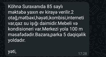 Uzunmüddətli kirayə evlər: Köhnə Suraxanıda 85 saylı məktəbə yaxın kirayə ev. - 2 otaq, mətbəx -