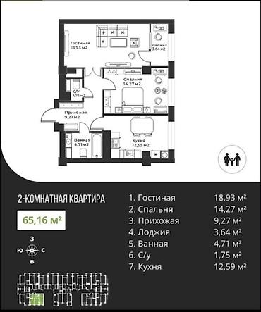 Продажа квартир: 2 комнаты, 65 м², ул. Карла Маркса Элитка, 14 этаж, ПСО (под самоотделку) — 2