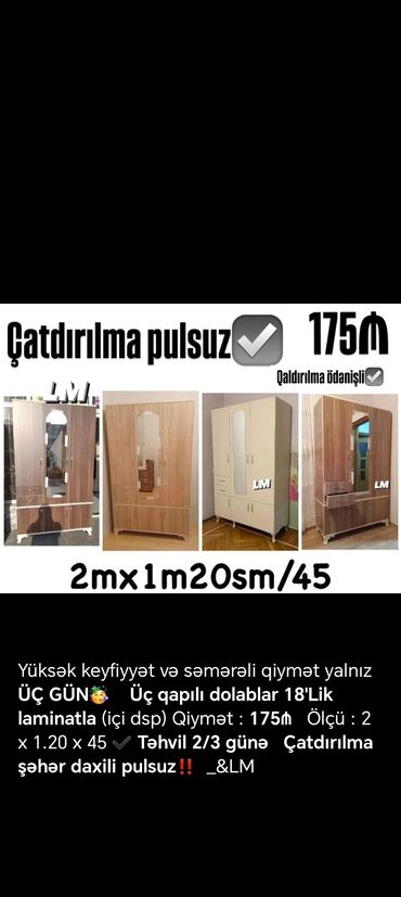 Dolablar: Yeni, Açılan, 3 qapılı Düz dolab, Qarderob, paltar dolabı, Azərbaycan — 3
