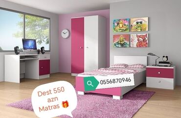 Uşaq və gənc otağı üçün dəstlər: Oğlan və qız üçün, Yeni, Təknəfərlik çarpayı, Yazı masası, Dolab, Tumba