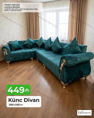 Divanlar: Künc Divan – 280×200 sm Zərif qızılı detallarla və zümrüd-yaşıl — 1